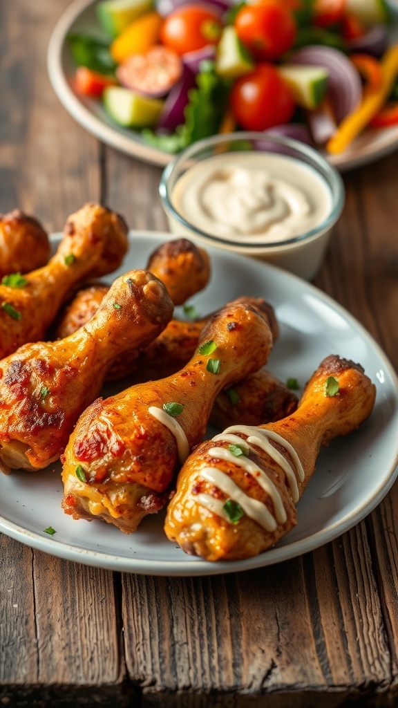 Crispy baked chicken drumsticks on a plate, garnished with herbs, with dipping sauce and salad.